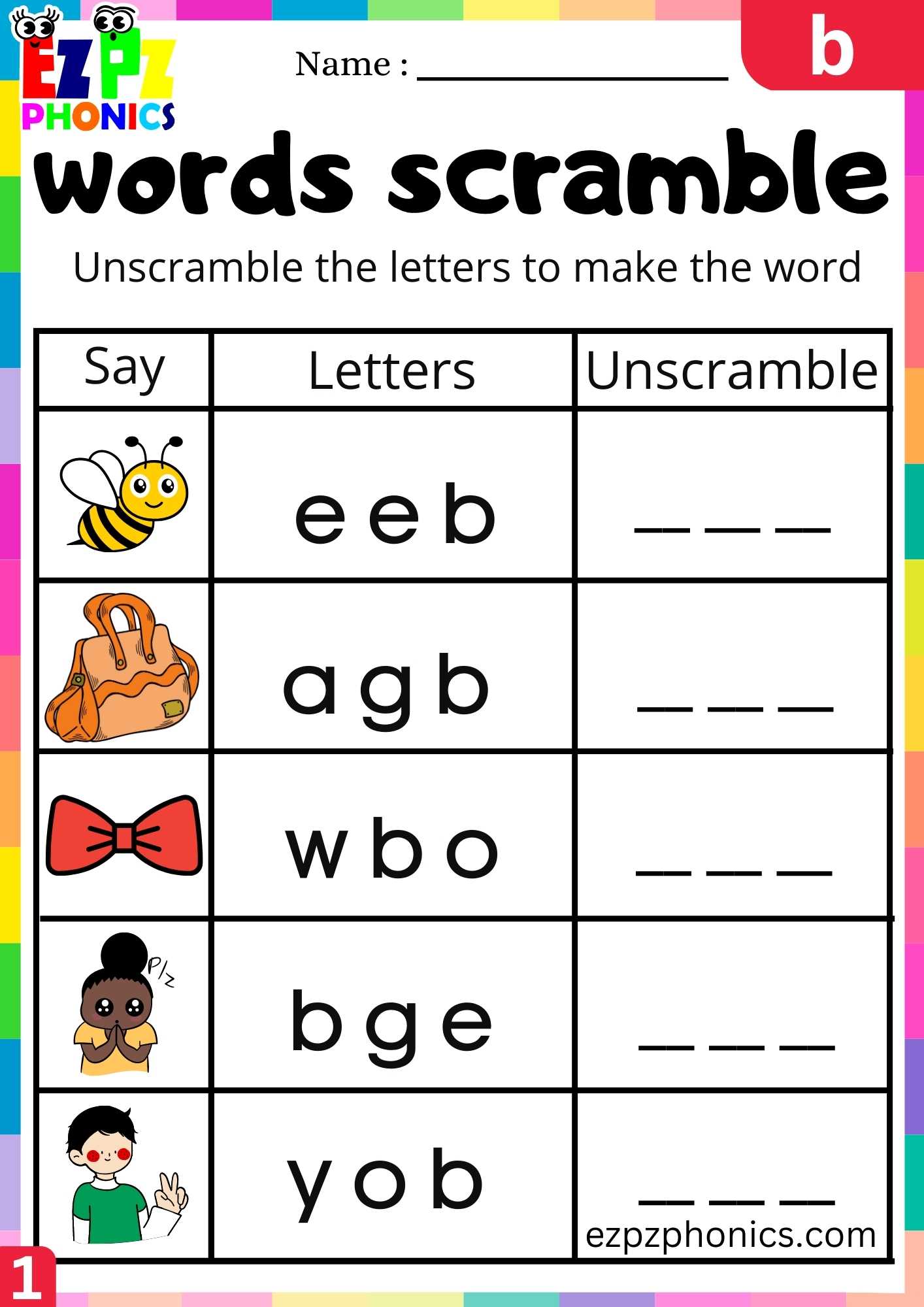 Letter b Words Scramble Beginning Sounds Worksheet 